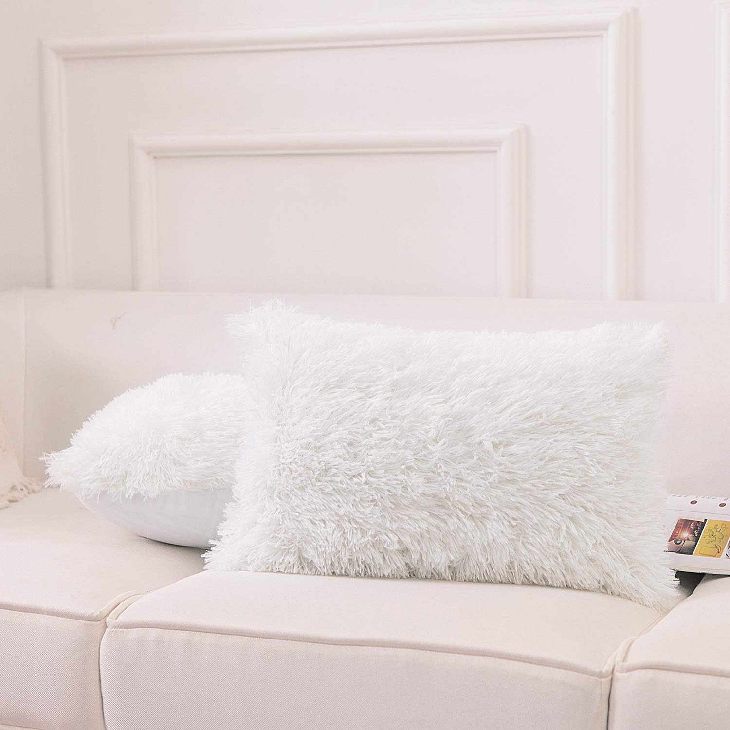 NordECO HOME Luxury Soft Faux Fur Fleece Cushion Cover Pillowcase Decorative Throw Pillows Covers, No Pillow Insert, 12" x 20" Inch, White, 2 Pack - Image 2