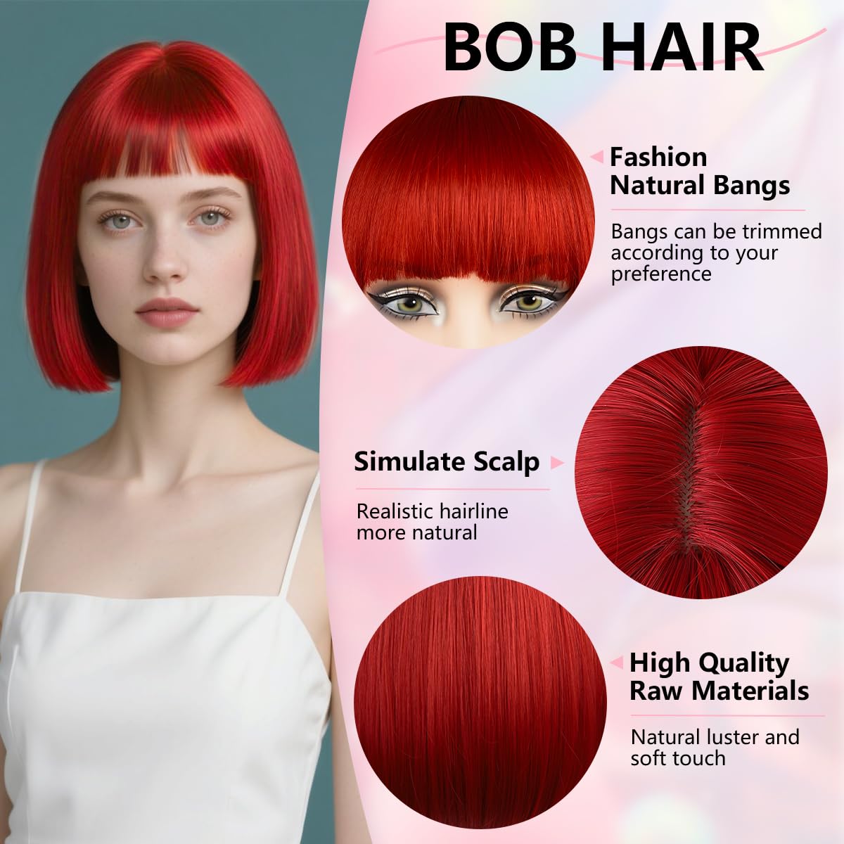 Red Bob Wig with Bangs 12Inch Short Bob Wig for Women Girls Cosplay Party Heat Resistant Synthetic Fiber Straight Colourful Hair Fashion Looking Christmas Halloween (Red) - Image 2