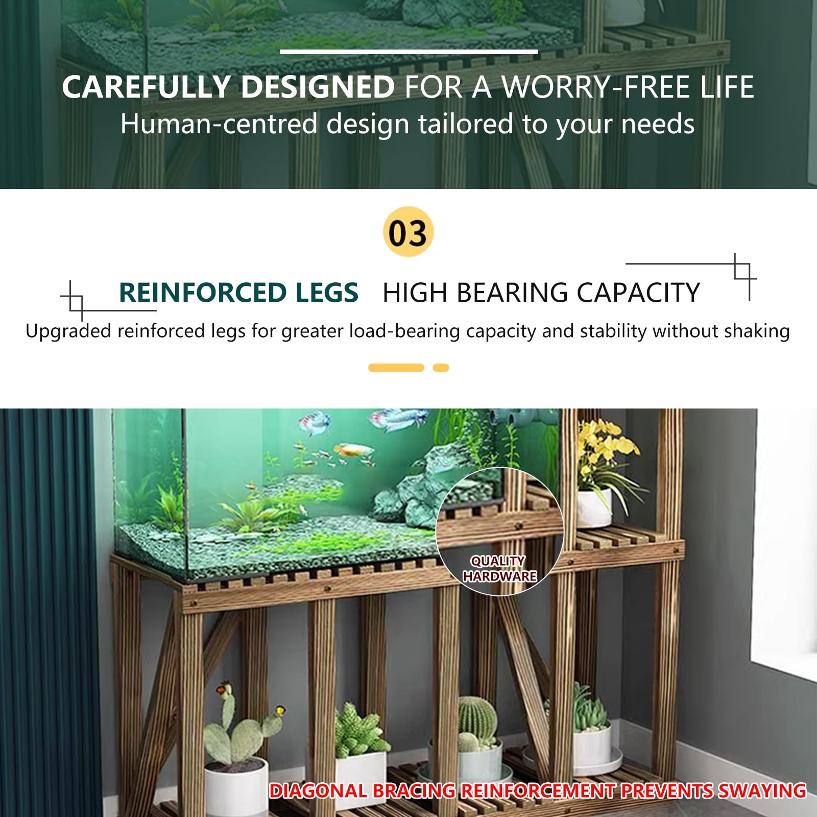 Support pour Aquarium en Bois Massif, Robuste Et Résistant, avec Rangement à Plusieurs Niveaux, en Pin Carbonisé, étanche Et Résistant à Lhumidité, Idéal pour Un 70cm/27.6in