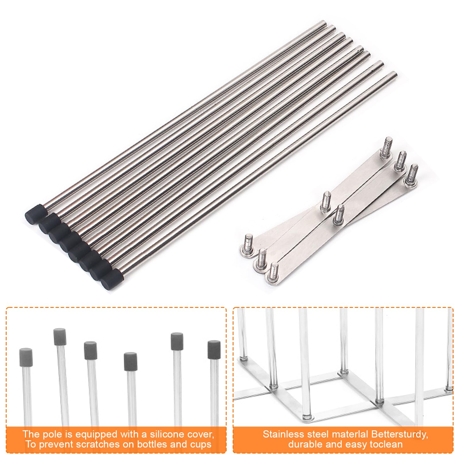 Scola Scolabottiglie e Borracce, Supporto per Asciugatura in Acciaio Inossidabile 304 con 8 Aste e Cappucci in Silicone, Base Pieghevole, Porta Bottiglie e Porta Biberon Multiuso
