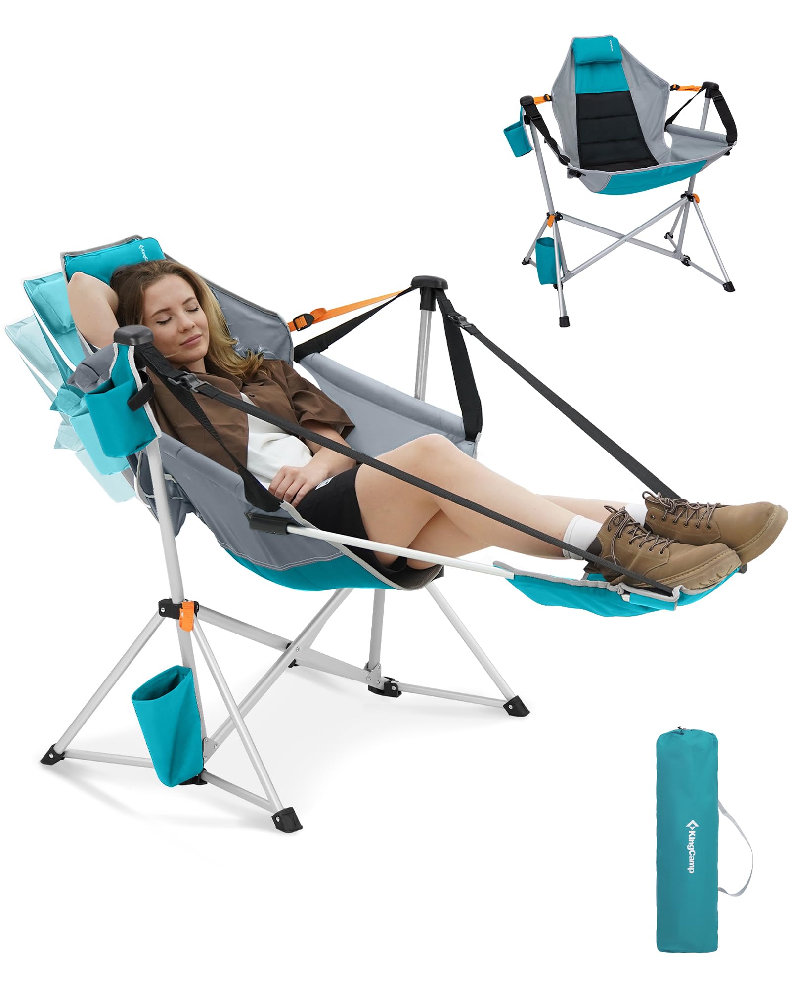 KingCamp Chaise de Camping à Bascule avec Repose-Pieds Pliable Cyan | Dossier Réglable 90–130°, Jusqu'à 180 kg, Cadre en Aluminium, Appui-Tête, Porte-Gobelet pour Camping et Jardin