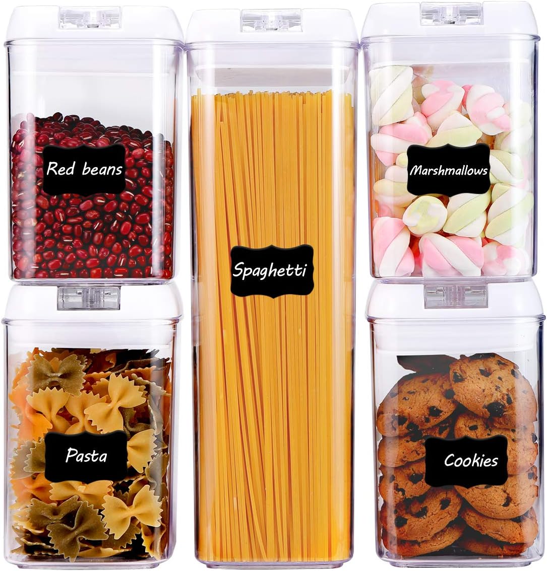 Airtight Food Storage Containers, 5 Pieces Plastic Cereal Container with Easy Lock Lids, BPA Free Cereal Containers for Kitchen Pantry Organization and Storage, Include 8 Labels and Marker
