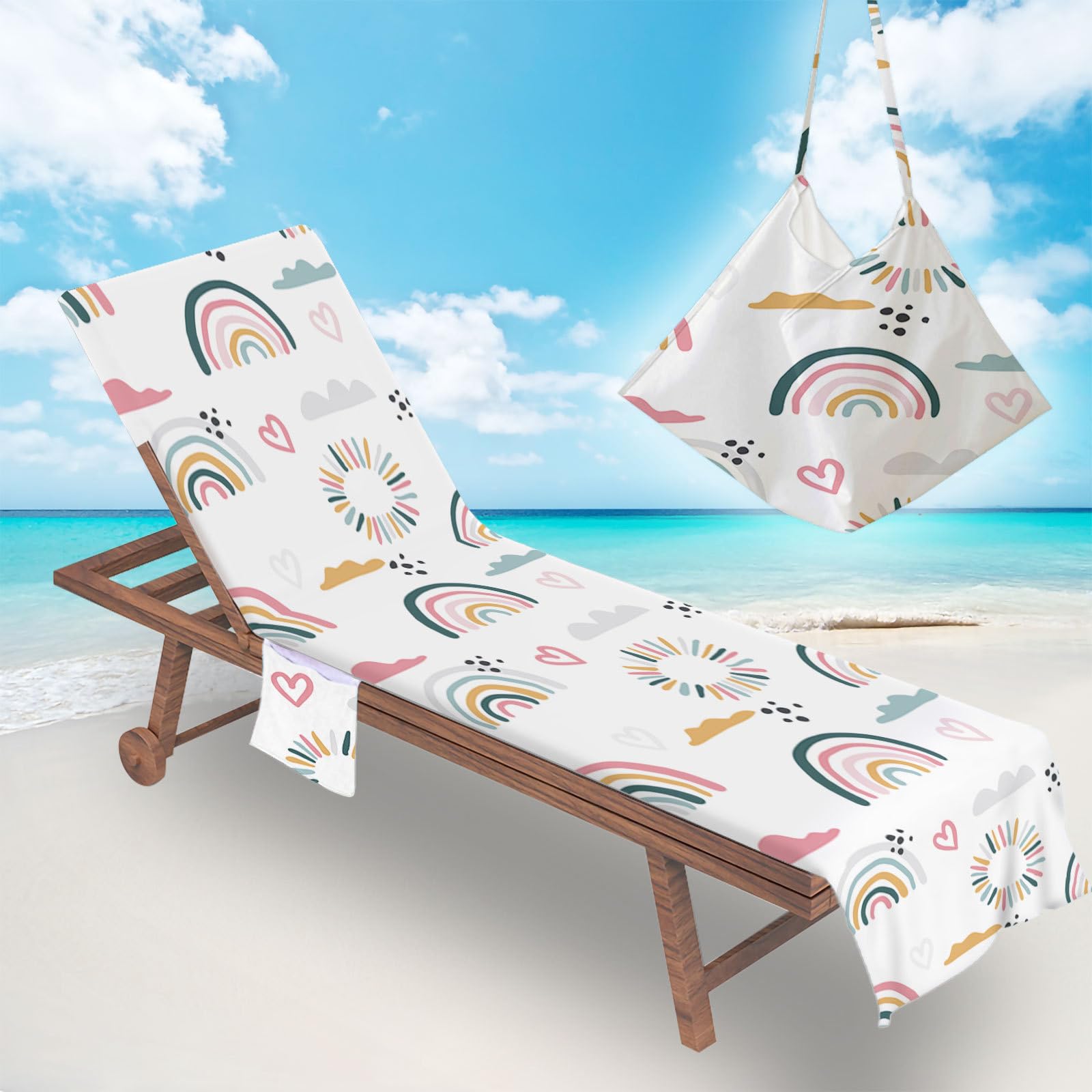 RRrawgff Sun Lounger Beach Towel with Pockets, Rainbow Pattern Beach Lounger Towel Beach Chair Cover Towel Fitted Microfiber Sunbed Towel Sun Lounger Towels for Summer Vacation (Rainbow)
