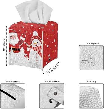 Cozeyat Christmas Tissue Box Cover PU Leather Napkin Holder Cute Santa Claus and Snowman Pattern Tissue Box Holder Organizer for Bathroom Living Room Christmas Decor
