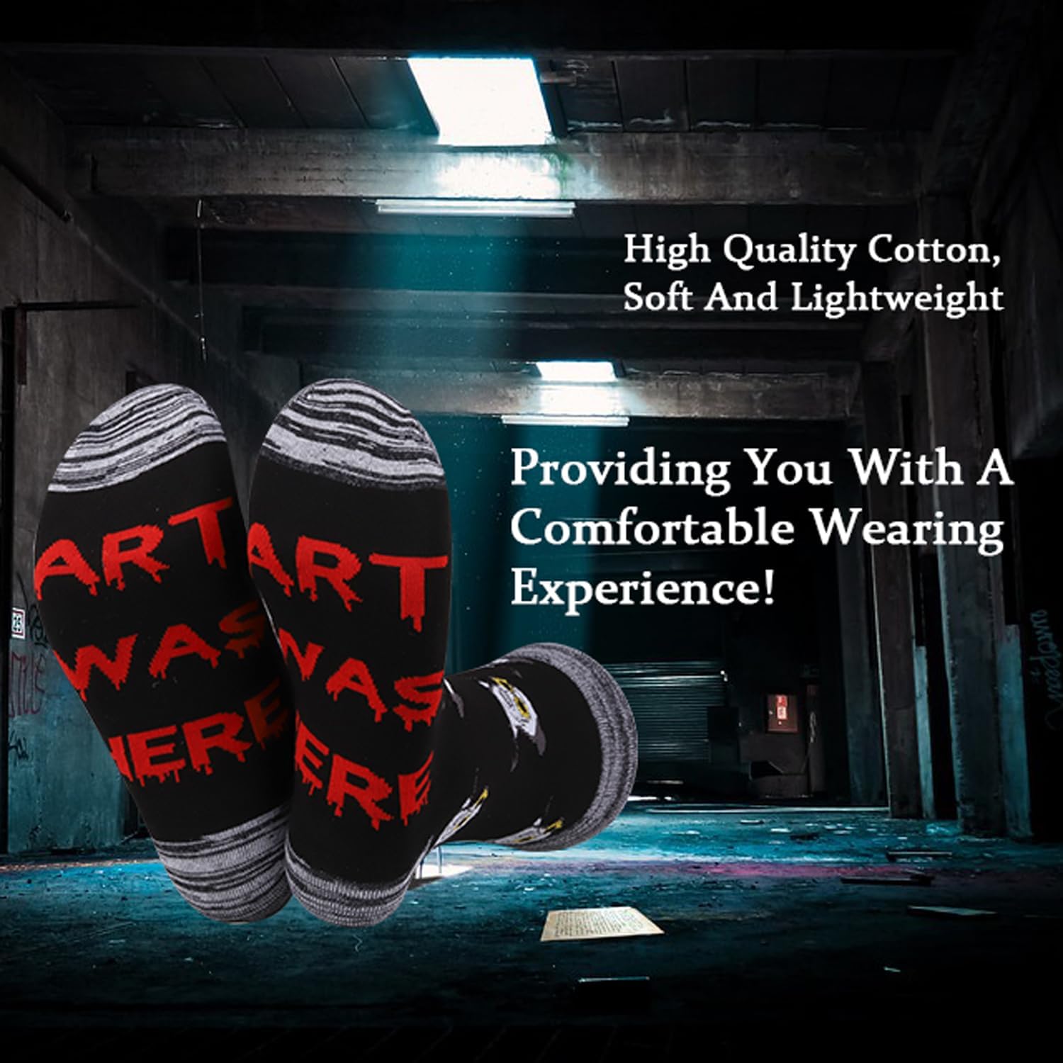 JXGZSO Horror Movie Lover Gift Funny Clown Socks Art Was Here Halloween Themed Gift Scary Movie Socks - Image 6