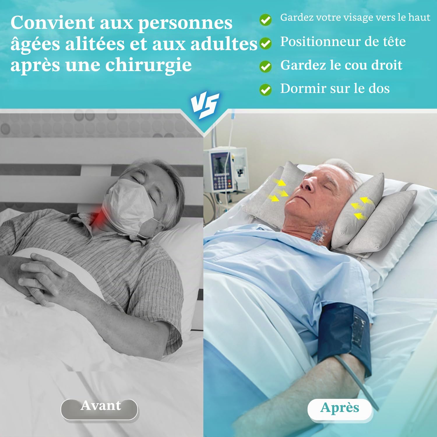 Coussin cale pour dormir - Stabilisateur de cou post-chirurgie - En mousse - Soutien médical du cou - Positionneur de la tête - Oreiller visage vers le haut - Oreiller de positionnement de la