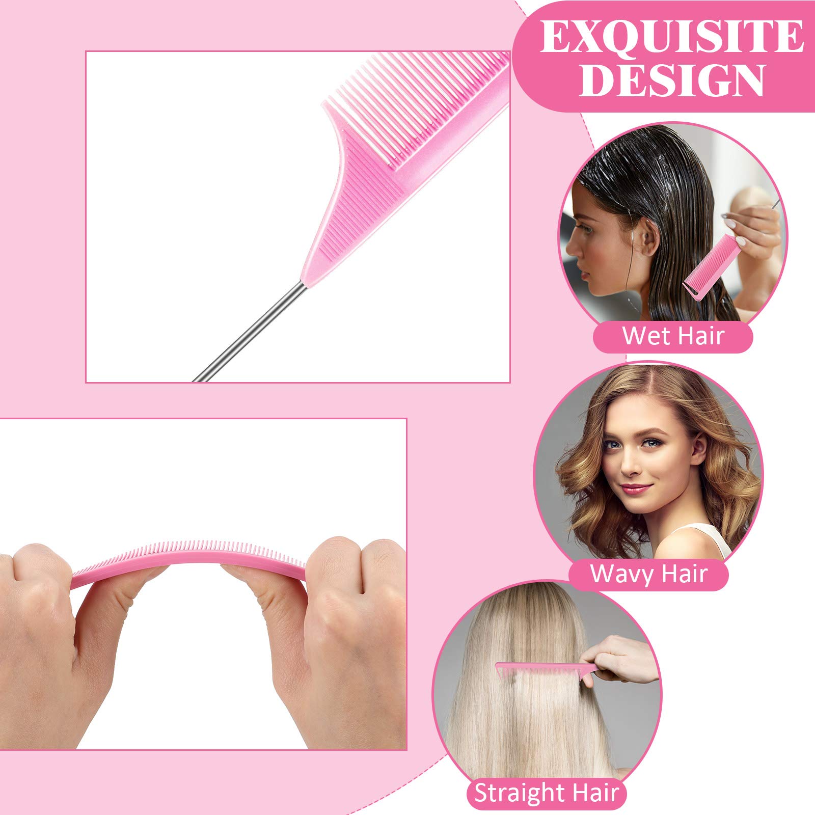 Juego de 8 peines de cola de rata para mujer, juego de peines de dientes finos y anchos, fibra de carbono, corte y cola de pintail, suministros de peluquería para trenzas, salón de belleza 6