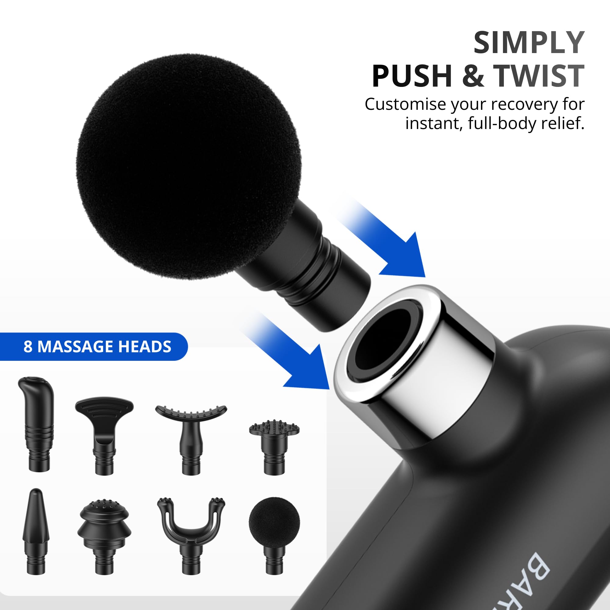 BarberBoss Pistola per massaggi Small, Massaggiatore Muscolare, QR-3641 | 9 livelli di intensità, 8 testine intercambiabili, Portatile con custodia, Massaggiatore muscolare