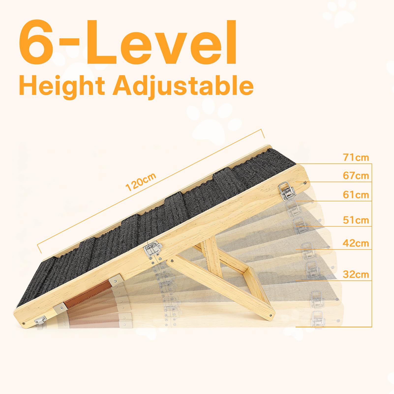 Rampa Plegable de Madera para Perros, con Ajuste de Altura en 6 Posiciones, 120 cm de Largo, con Alfombrilla Antideslizante, para Perros Pequeños y Medianos, También para Gatos