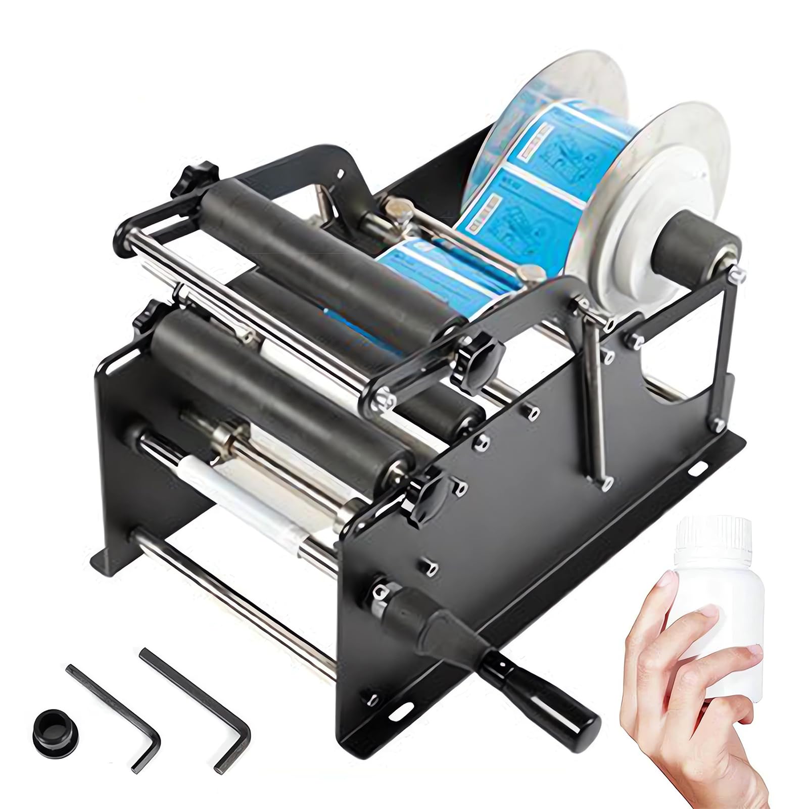 Machine d'étiquetage manuelle pour bouteilles rondes sans pli ni bulle