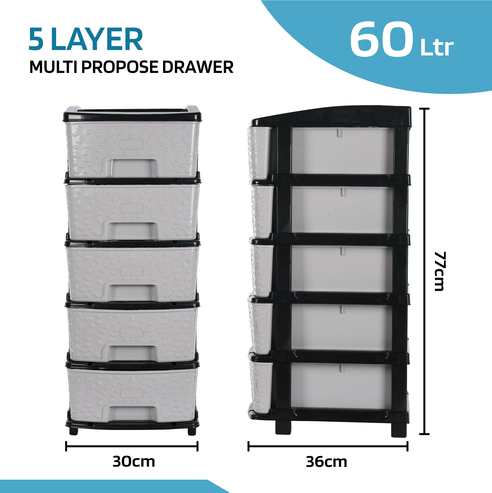 Kuber Industries 5-lagiger und 60-Liter-Schubladen-Organizer aus Kunststoff, modularer Küchen- und Spielzeug-Organizer für Kinderzimmer, Schwarz und Grau
