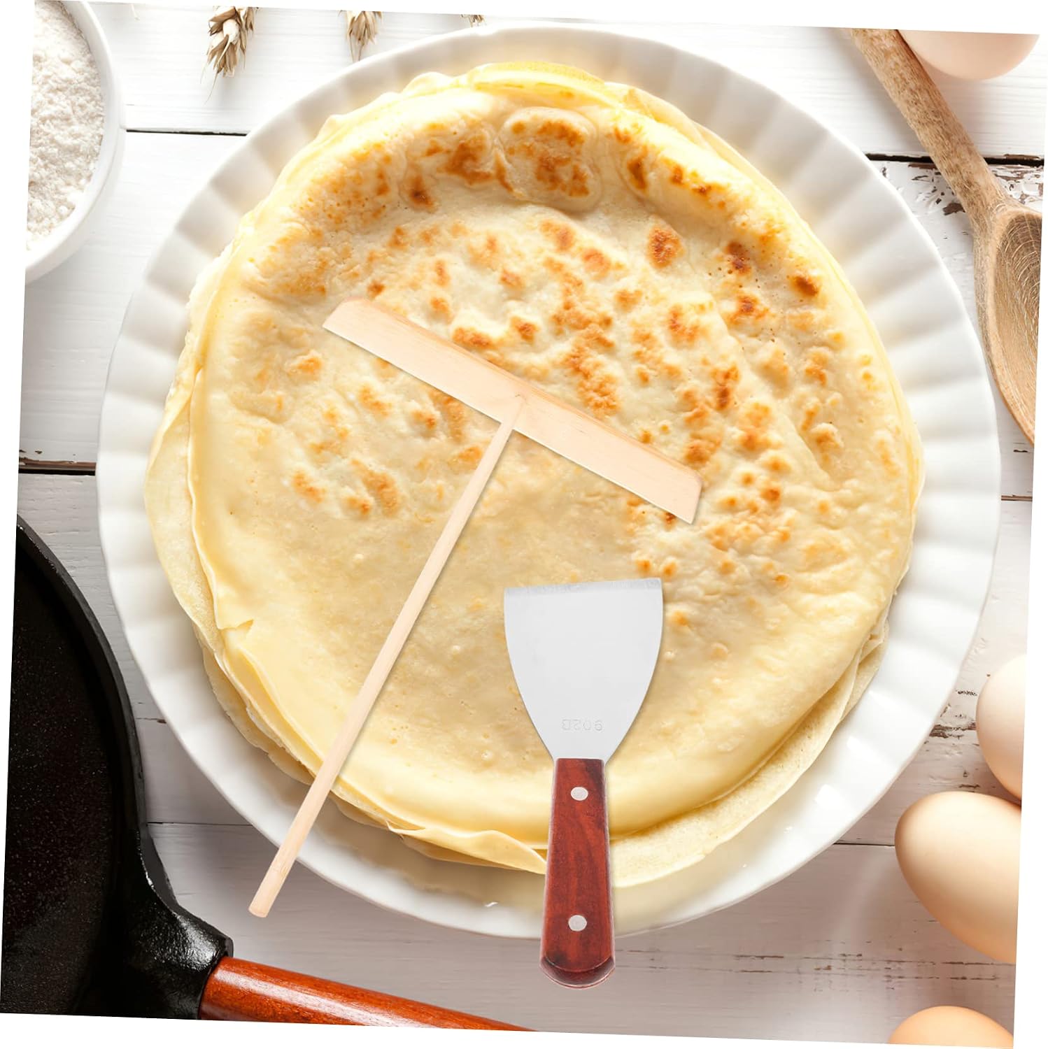 COLLBATH Pancake Crepe Spreader Set Bamboo Oil Wiper and Basting Tool for Cooking Non-Stick Pancake Making Accessories for Home Chefs and Street Vendors
