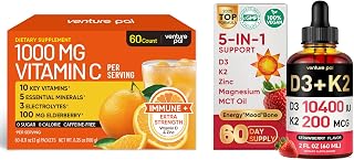 Venture Pal Vitamin C 1000mg Powder + Vitamin D3 K2 Liquid Drops, Sugar Free