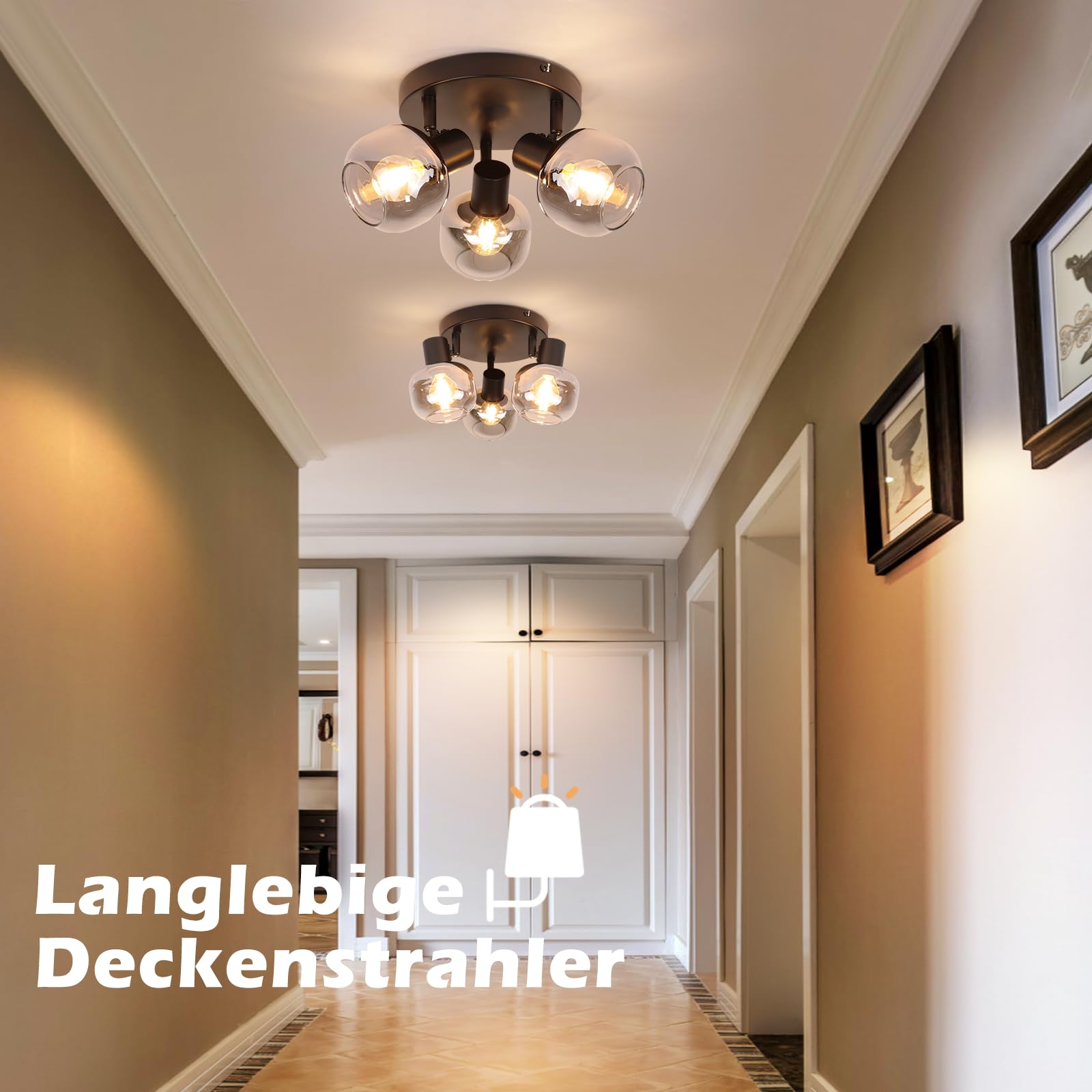 CBJKTX Deckenstrahler 3 Flammig Deckenspots Schwarz - 350° Schwenkbar E14 Spots Glas Strahler Rauchgrau Modern küchenlampe für Flur Küche Wohnzimmer（Ohne Lichtquelle）