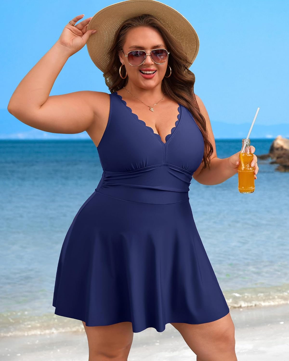 Charmo Women Plus Size Swimdress One Piece Swimsuit Ruched Tummy Control Bathing Suit Scalloped V Neck Flowy Swimwear - Image 3