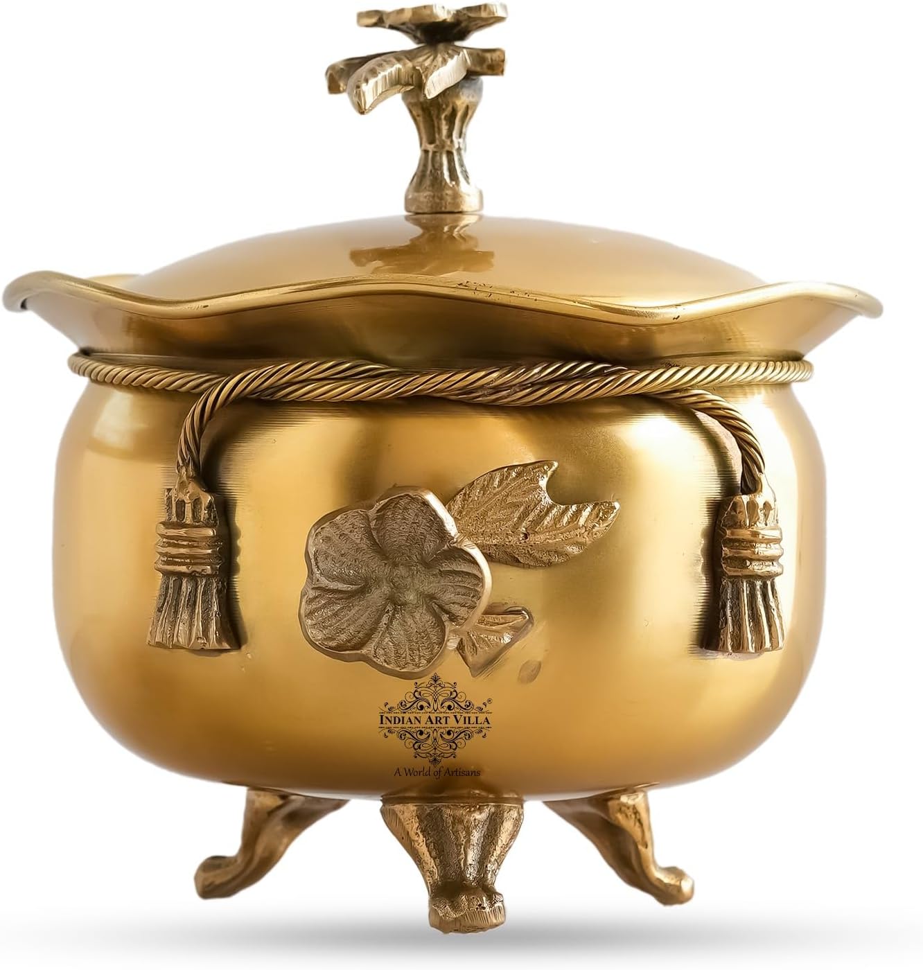 Pure Brass Ribbon Bow Design Design Handi/Casserole with Designer Lid and 3 Legs, Serveware, Volume - 300 ML