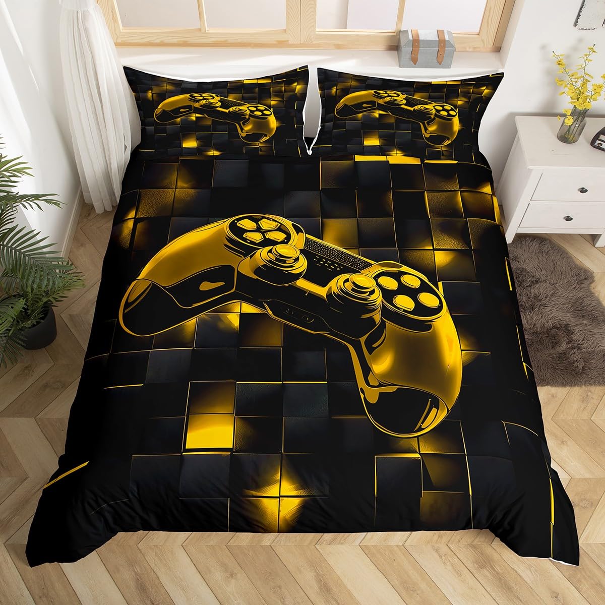 Parure de lit double noire et jaune garçons housse couette cubes néon géométrique
