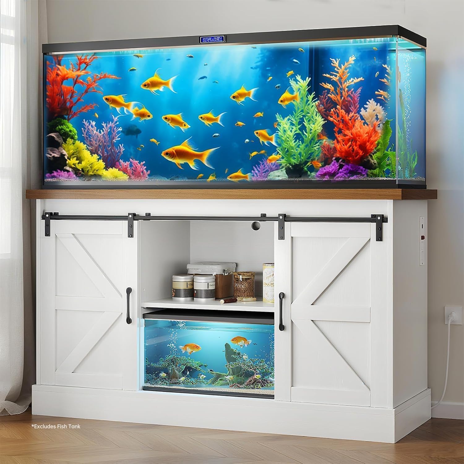 Heavy Duty 1000LB 55-75 Gallon Aquarium Stand with Sliding Barn Doors, Power Outlets & Adjustable Storage for Fish Tanks, Turtle Terrariums