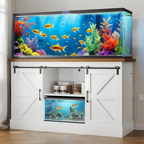 LotaTools 55-75 Gallon Fish Tank Stand with Sliding Barn Doors & Power Outlet, Heavy Duty Aquarium Stand with Cabinet Storage for Fish Tank, Turtle Tank, Reptile Terrarium, Capacity 1000LBS