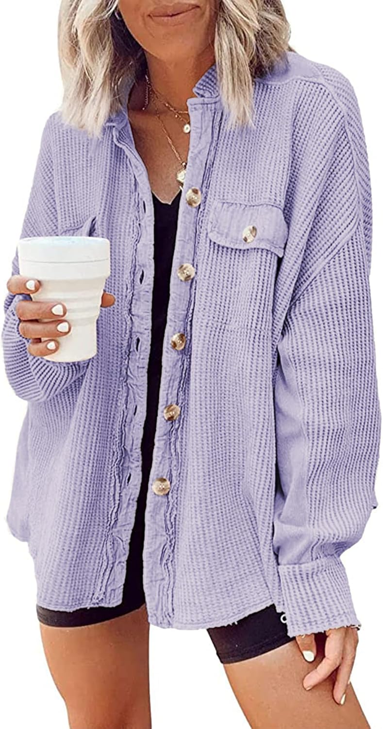 Nirovien Womens Waffle Knit Shacket Oversized Button Down Shirt Jacket Lightweight Spring Outfits Clothes - Image 2