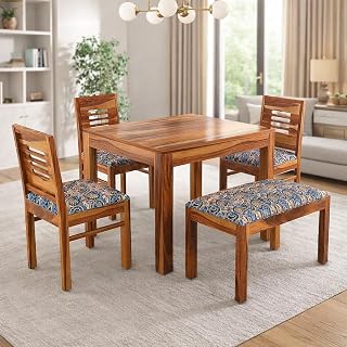 KENDALWOOD Furniture Dining Table with 3 Chairs 1 Bench | 1 Year Warranty | 4 Seater Dining Set | Wooden Dining Table with Chair | Honey Finish with Printed Cushions -DIY(Do-It-Yourself)