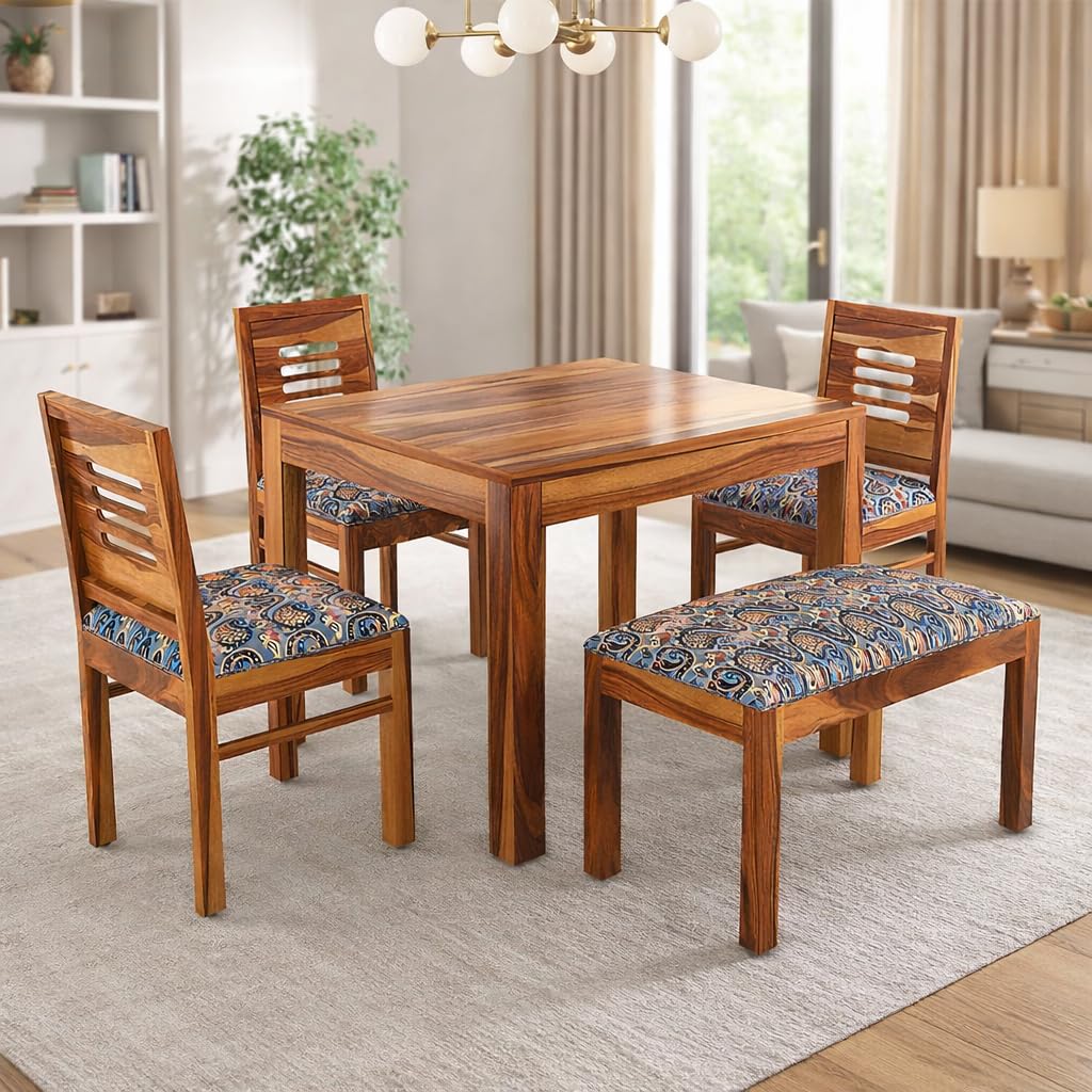 KENDALWOOD™ Furniture Dining Table with 3 Chairs 1 Bench | 1 Year Warranty | 4 Seater Dining Set | Wooden Dining Table with Chair | Honey Finish with Printed Cushions -DIY(Do-It-Yourself)