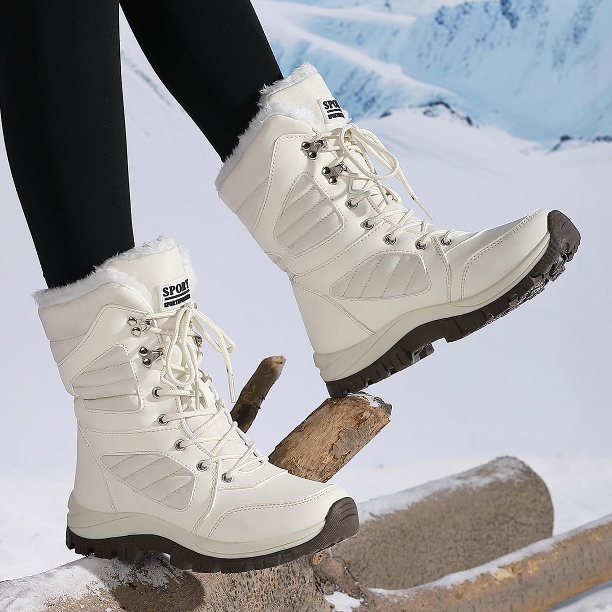 Jakcuz Women Snow Boots High Top Non-slip Waterproof Lace-up Winter Boots with Faux Fur Lined