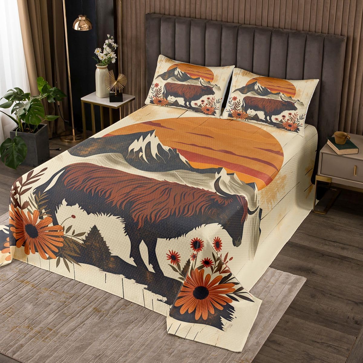 Homewish Wild Cattle Bedding Set,70s Groovy Retro Daisy Bedspread for Kids Teens Adults,Mountain Sun Jungle Cabin Coverlet Set with 2 Pillowcases,Queen Size 3 Pcs
