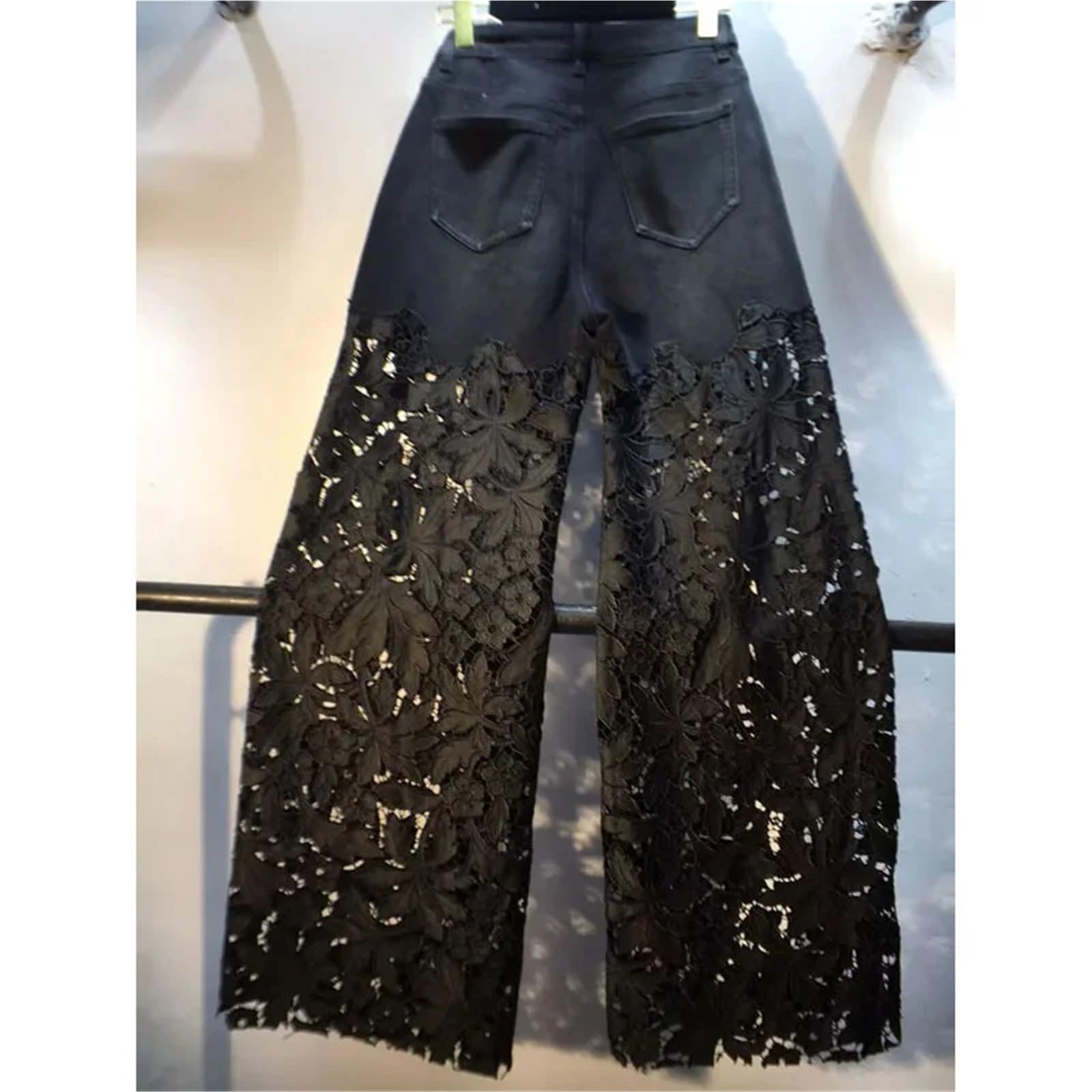 Vaqueros Anchos Mujer Pantalones Anchos de Pierna Recta con Encaje Hueco y Flores Retazos Mezclilla Bordado Diamantes imitación Verano, Pantalones Casuales Cintura Alta