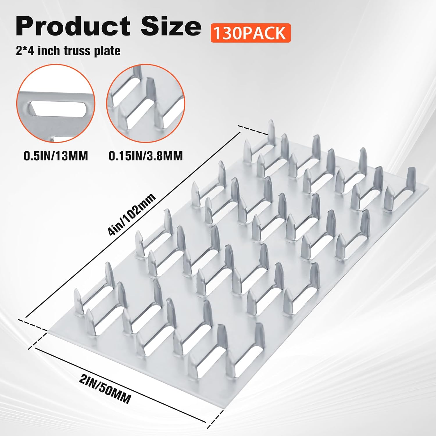 130 Pack 2"x4" Pronged Truss Plate, Truss Brackets with Galvanized Steel Fork Tooth, Mending Plates for Wood Trusses Construction