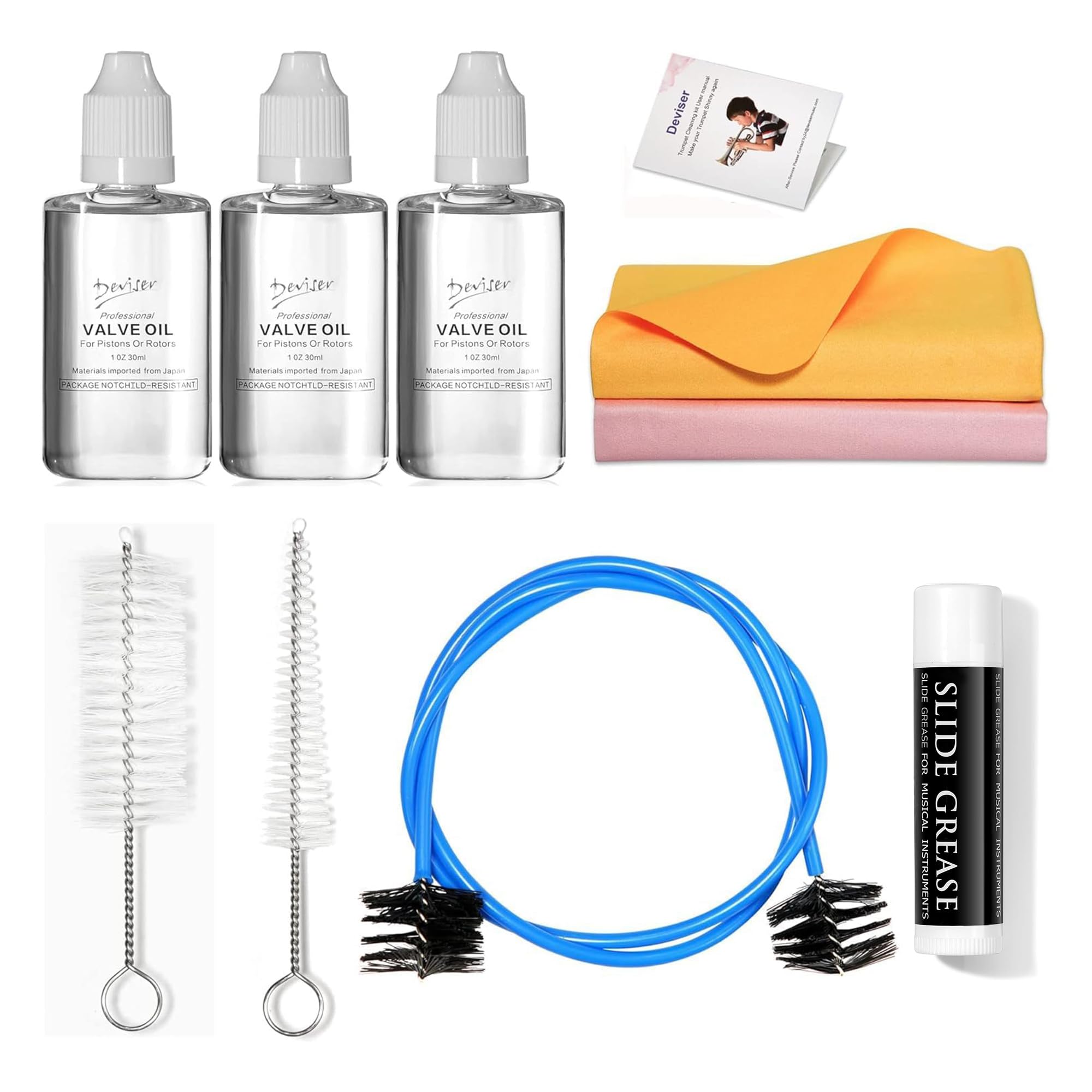 Trumpet Cleaning kit Deviser All in One Cornet Care kit:Valve Oil x3,Slide Grease,Cleaning Swab,Mouthpiece,Bore Brushes