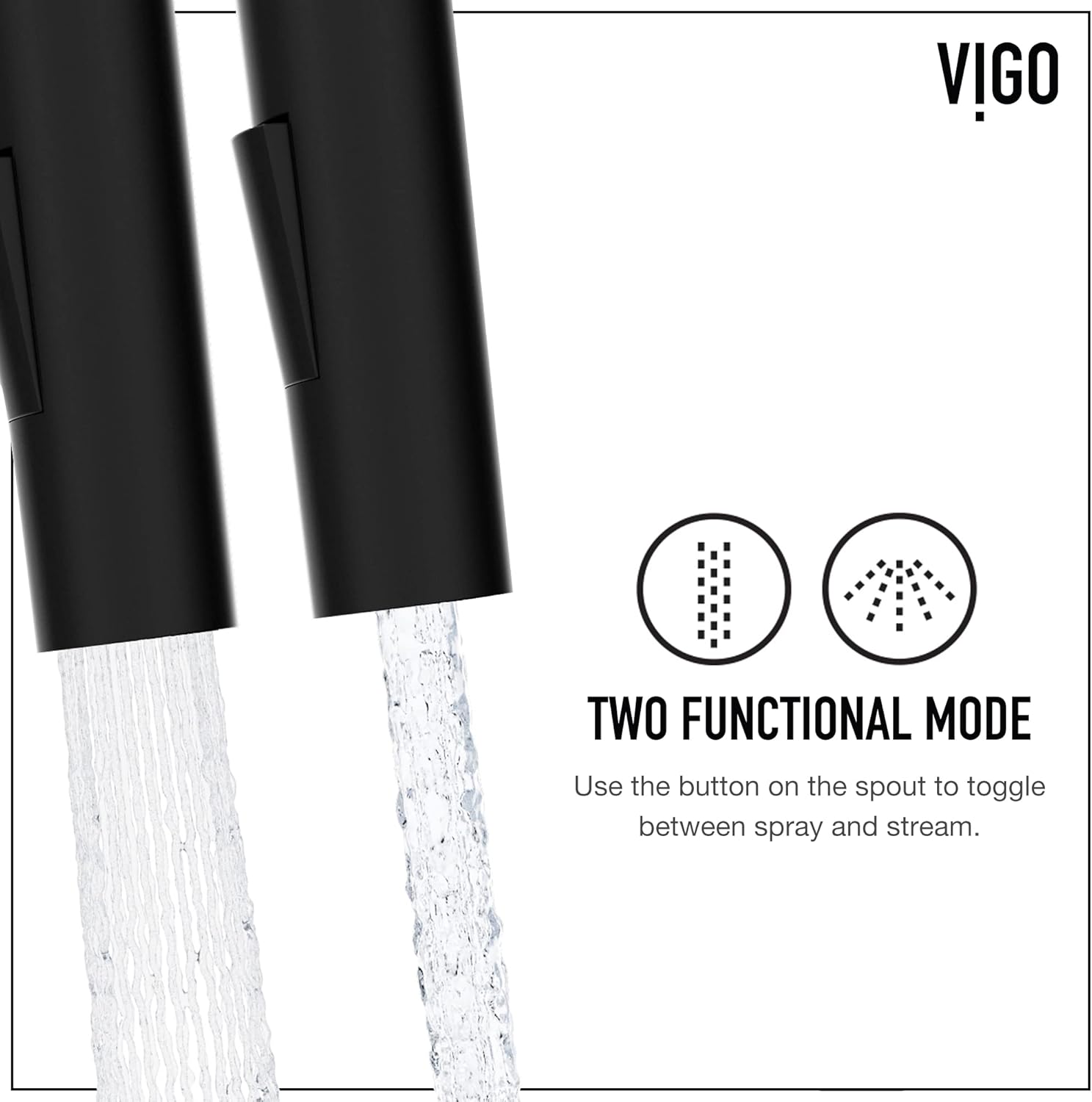 Close-up of faucet spray head showing two functional modes: stream and spray