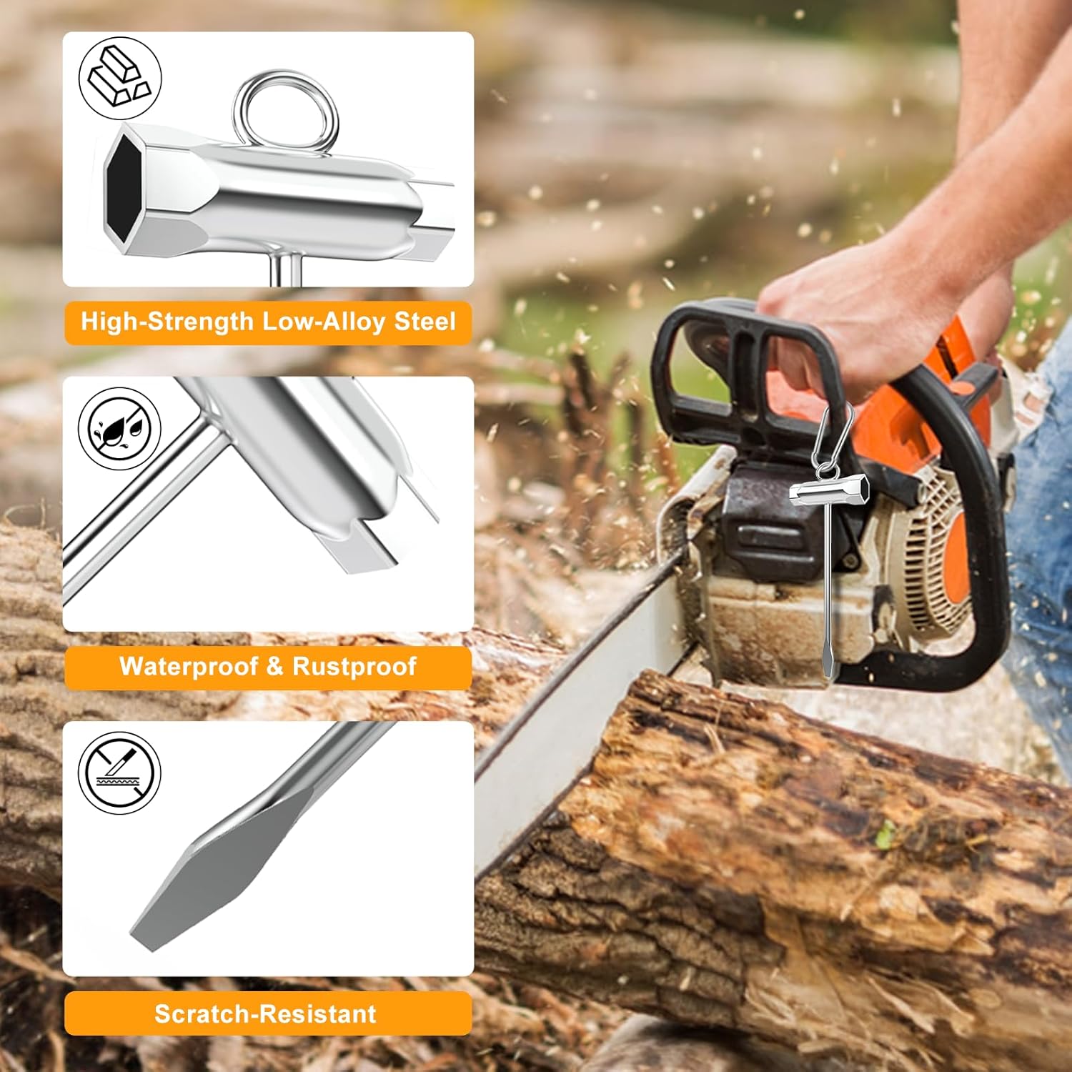 2 Heavy-Duty Tool Hangers + 2 Chainsaw Wrenches – Organize & Maintain Trimmers, Saws & Garden Gear