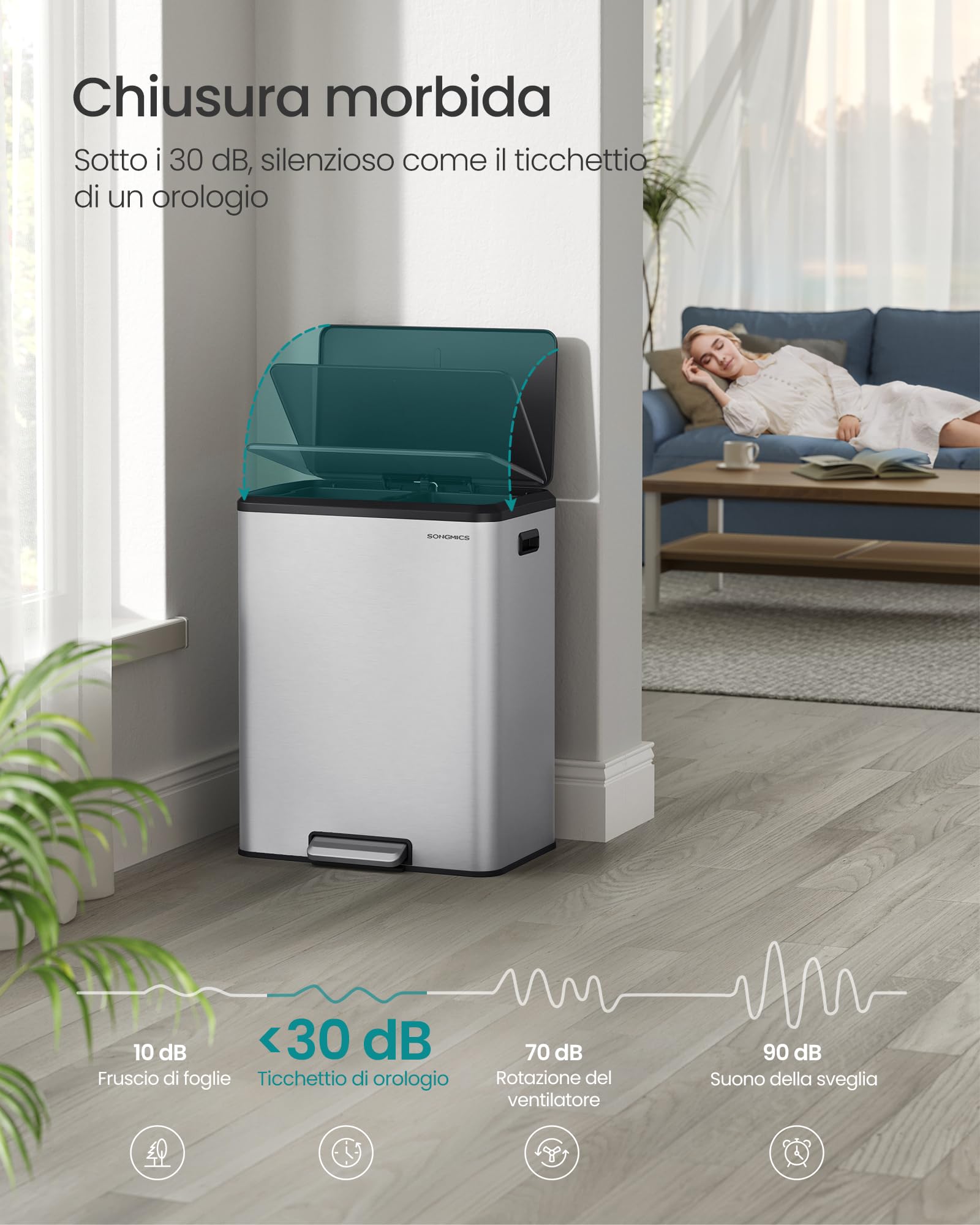 SONGMICS Cestino da Cucina, 2 x 30 L, Pattumiera Doppia per Raccolta Differenziata, Secchi Interni, Acciaio Inossidabile, Coperchio a Chiusura Morbida, Pedale Ampio, Argento Metallizzato LTB556E01
