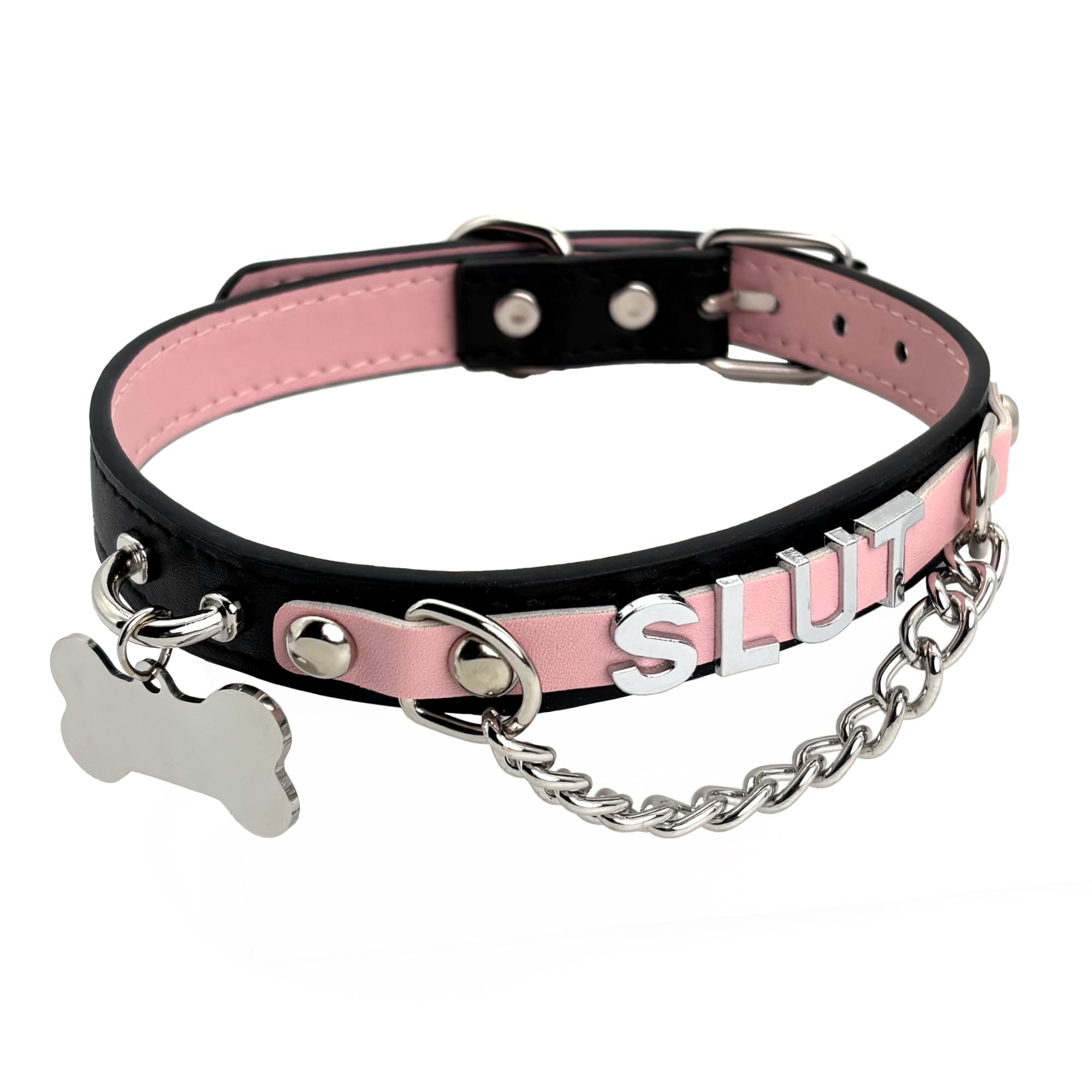 Leather Choker Collar Necklace For Women,Cute Skull Gothic Punk Rock Choker Necklace Collars: PINK BONE-LETTER