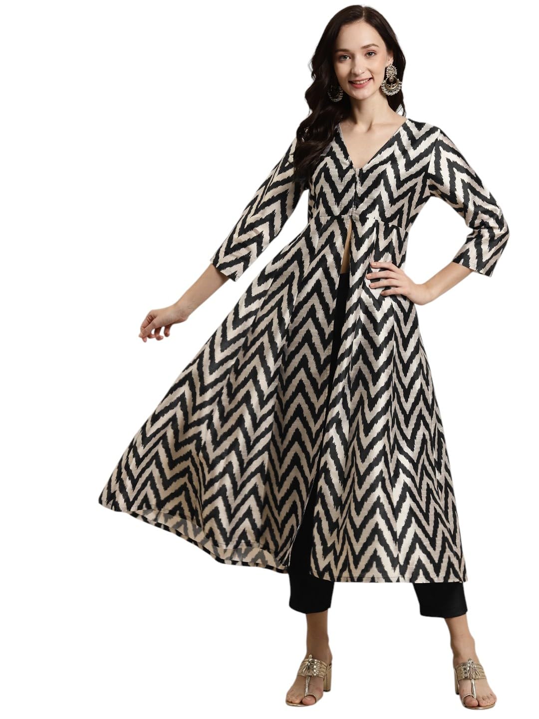 SASSAFRAS Womenâ€™s Anarkali Jacket Fit & Flared 3/4th Sleeves Hidden Placket Ikat Print Kali â€“ Festive Fusion Wear Kurtas in neutral
