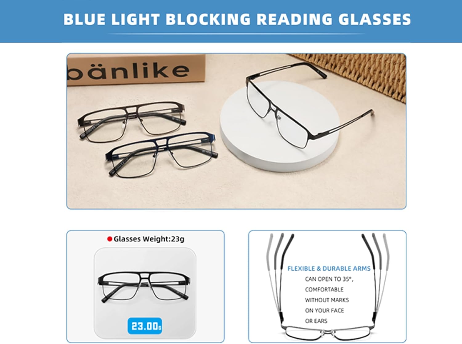 Blue Light Blocking Aviator Reading Glasses Men Lightweight Metal Readers Anti Blue Ray Cheaters w/Spring Hinge 3 Pack - Image 5