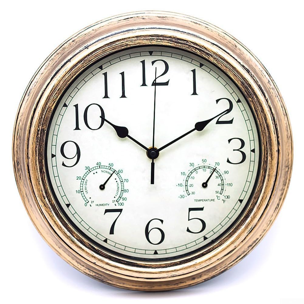 Orologio da parete da giardino da 30,5 cm, con termometro e igrometro, impermeabile, silenzioso, senza ticchettio, orologio decorativo per patio, portico, garage (rame rosso)