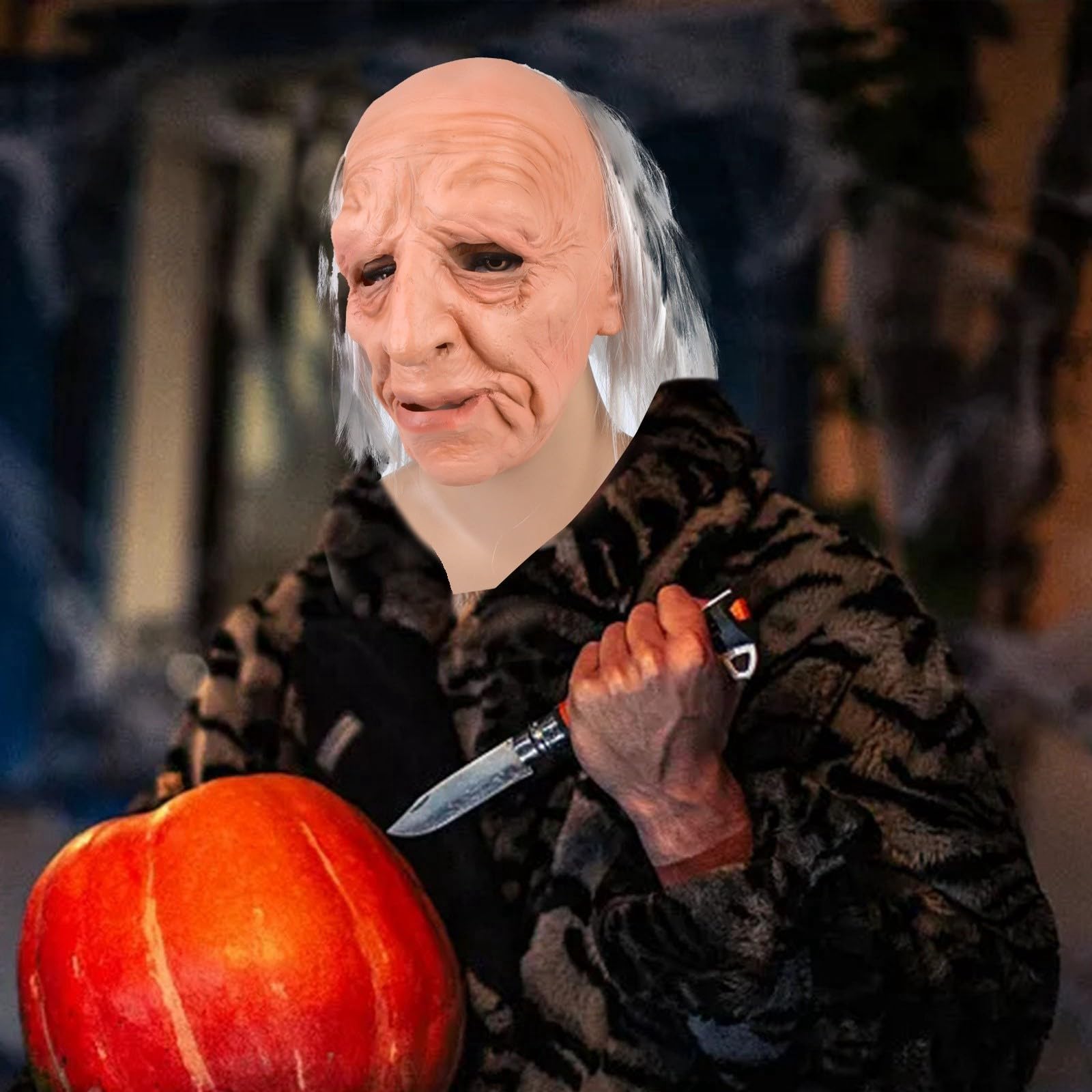 Mask Costume Masquerade Realistic Silicone Mask Face Scary Old Costume For Adult Size Medium Realistic Face Latex Open Mouth with Wrinkle Face old Man Lady (Color I)
