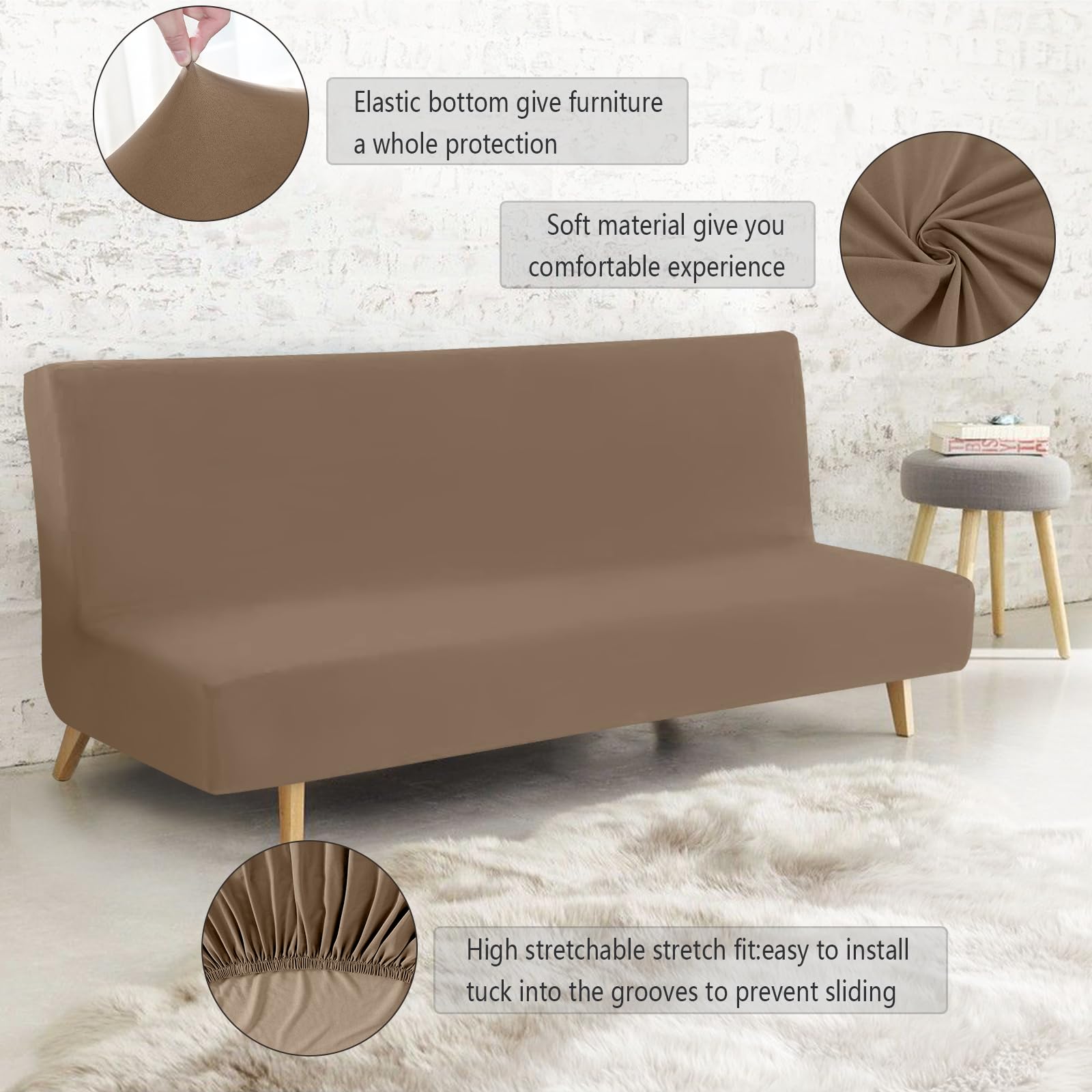 FIGOOO Copridivano senza Braccioli 3 Posti Elasticizzato Copridivano Letto Pieghevole Universale Spandex Fodera per Futon a Tinta Unita Coperture Divano Clic Clac per Soggiorno Casa,Marrone Rossastro