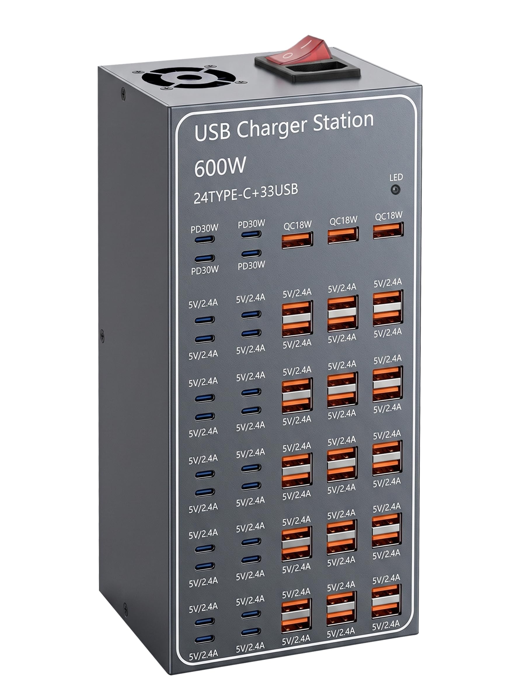 Estación de Carga USB de 600W, estación de Carga USB-C con 57 Puertos para Varios Dispositivos, Ideal para Usar en casa, en la Oficina y en el Colegio