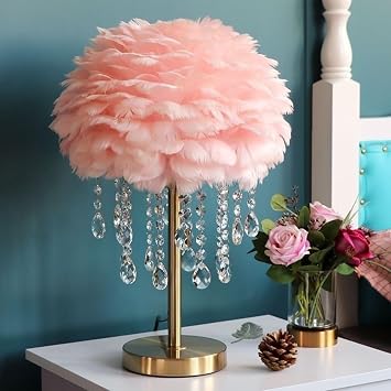Modern Creative Feather Table Lamp with Crystal Cute Romantic Princess Feather Bedside Table Light Adjustable 3-Color Dreamy Nightstand Light for Living Room Hotel OfficePink