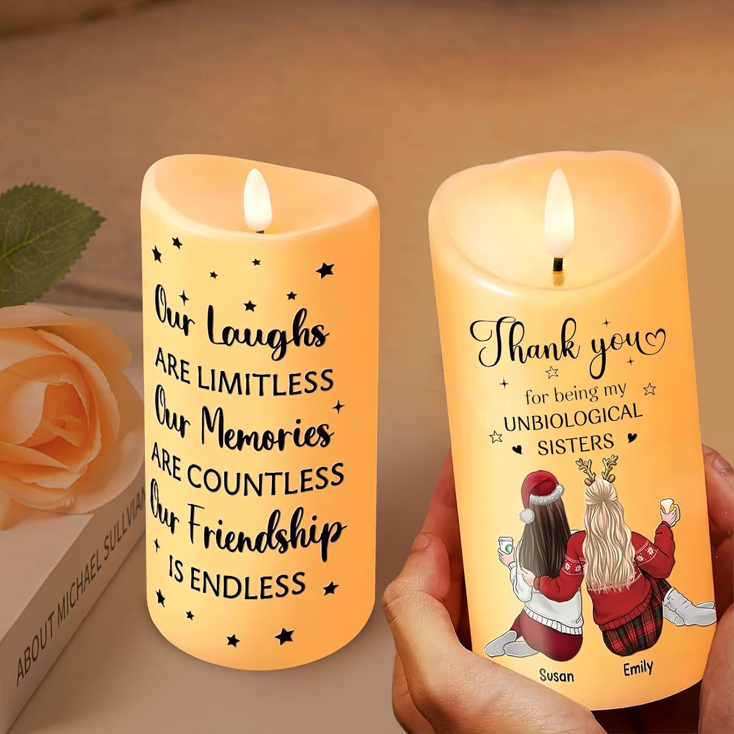 Our Friendship is Endless Custom Candles for Sister Personalized Best Friend 3D Led Flameless Pillar Funny Candles for Women Friends Unbiological Sister Gifts for Birthday Christmas