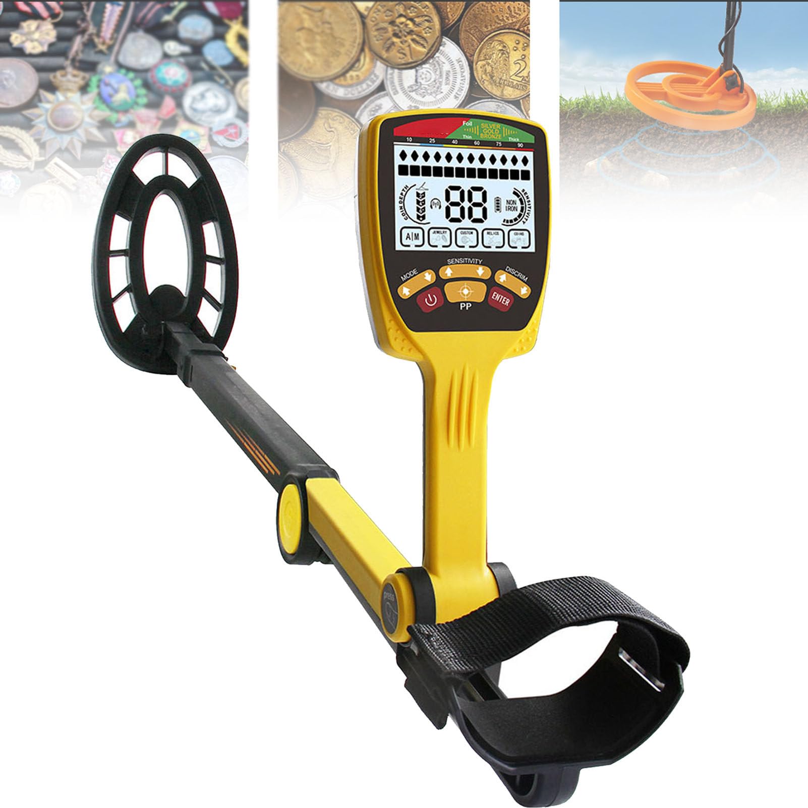 Detector de metales plegable, detector de oro profesional de alta precisión con 7 modos de búsqueda, pantalla LCD, auriculares, bobina impermeable, detector de metales antiinterferencias