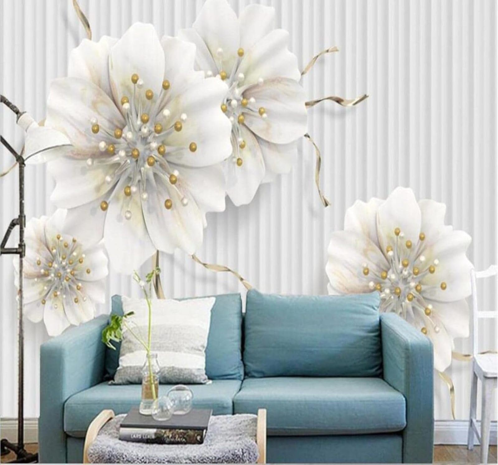 Xlming 150Cm×105Cm(B×H) Exquisite Three Dimensional White Flowers Jewellery 3D Wallpaper Luxury Silk Study Dining Feature Sofa Grey Bedroom Living Room Tv Decorative Wall-150Cm×105Cm