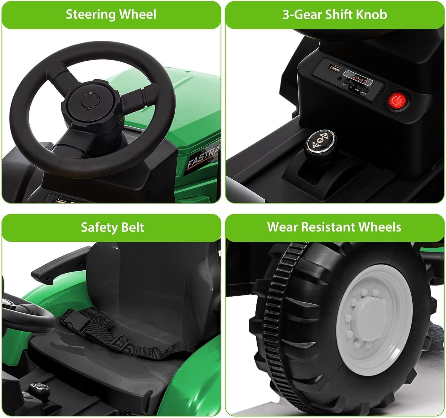 Elektrischer Traktor für Kinder, Grün, Traktor für Kinder, elektrisch, mit abnehmbarem Anhänger, Doppelmotor 35 W, 12 V, 7 Ah, Fernbedienung für Eltern, Musik, LED-Hupe, Traktor, Spielzeug