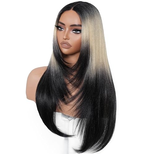 BrownBomb Ombre Blonde Black Wear and Go Glueless Wigs Pre Plucked Pre Cut for Beginners Synthetic Lace Front Wigs With Bangs Long layered Straight Dark Roots 26 Inch 3 Seconds to Wear for Beginners - 26 - Ombre Blonde Black