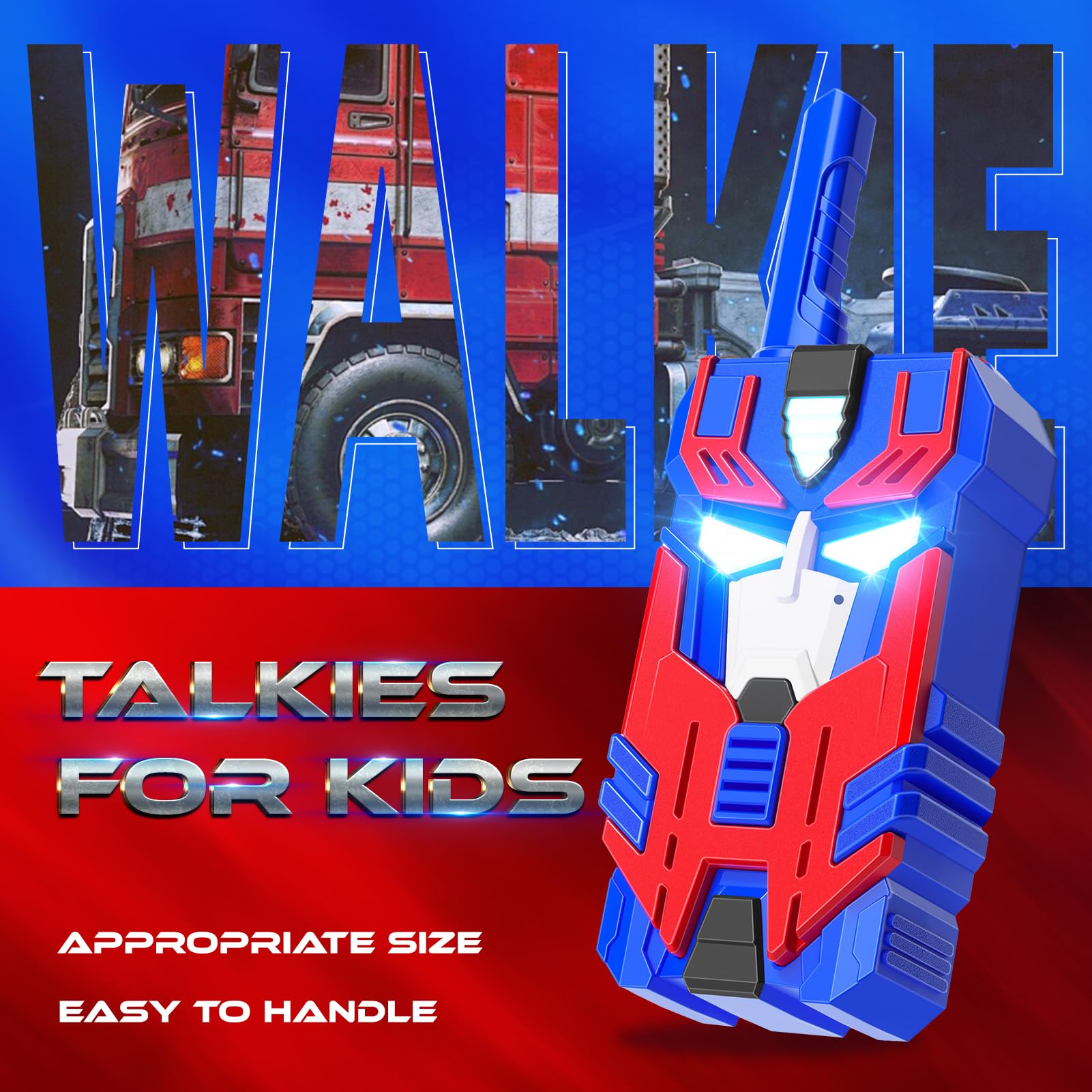 Transform Toys Walkie Talkies para niños, paquete de 2 robot líder azul, rango de 2500 pies, luces de ojos geniales para 3, 4, 5, 6, 7, 8, 9, 10 años, juguetes de campamento al aire libre, regalos de 2
