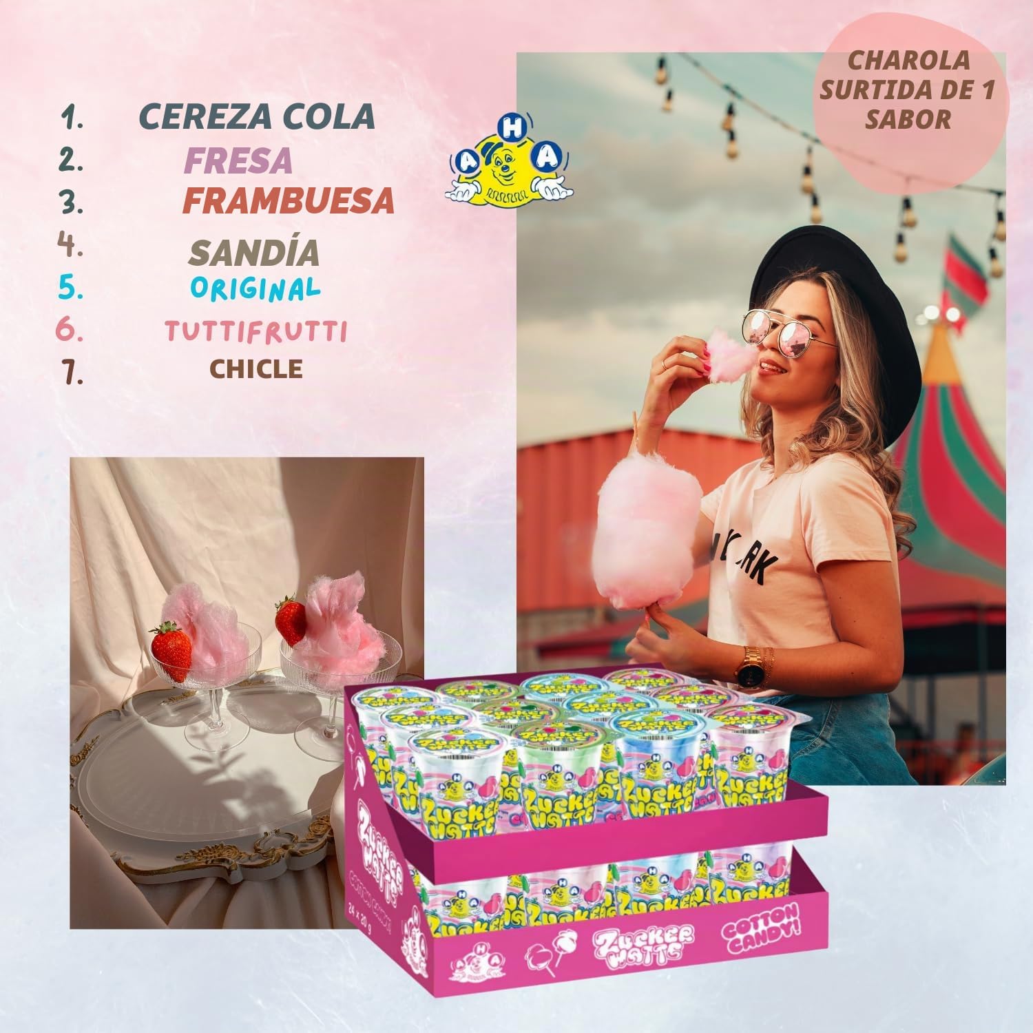 AHA Zuckerwatte 7 variedades coloridas 24 x 20g en tarro, calidad premium, paquete de suministro, 4 sabores como en la feria para fiesta, en casa, fiesta en el jardín, celebración
