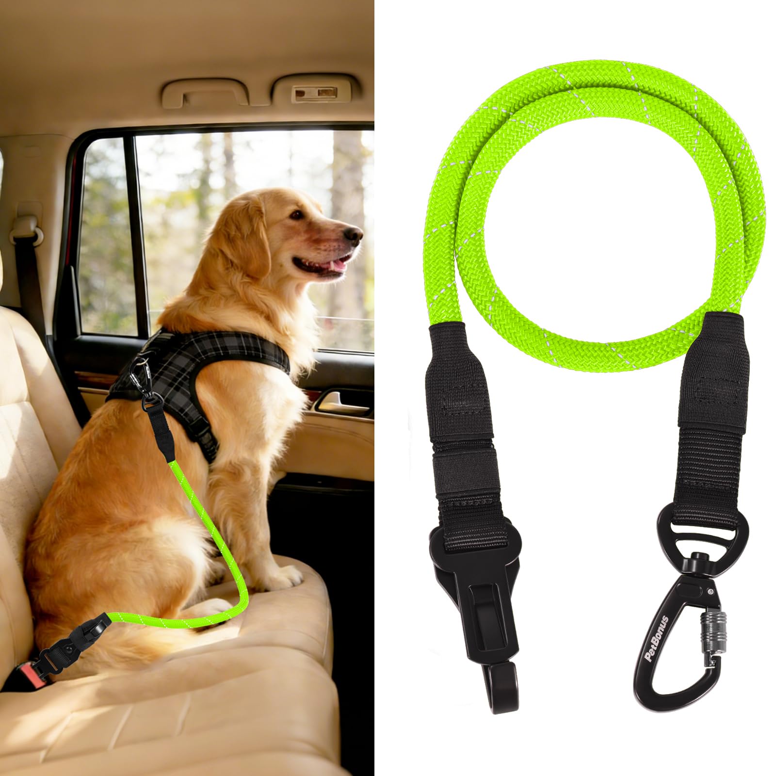 PetBonus Dog Seat Belt for Car, Durable Rope Dog Car Harness Seatbelt for Vehicle, Pet Tether Safety Restraint with Heavy Duty Buckle Hook Latch Lockable Clip for Small Medium Large Breeds (Green) โ image 1